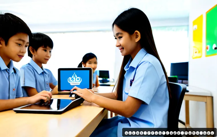 Home 17 코딩교육지도사로서 교육 기자재 활용법 - Photorealistic Thai coding instructor guiding a small group of middle-school students at a bright mo...